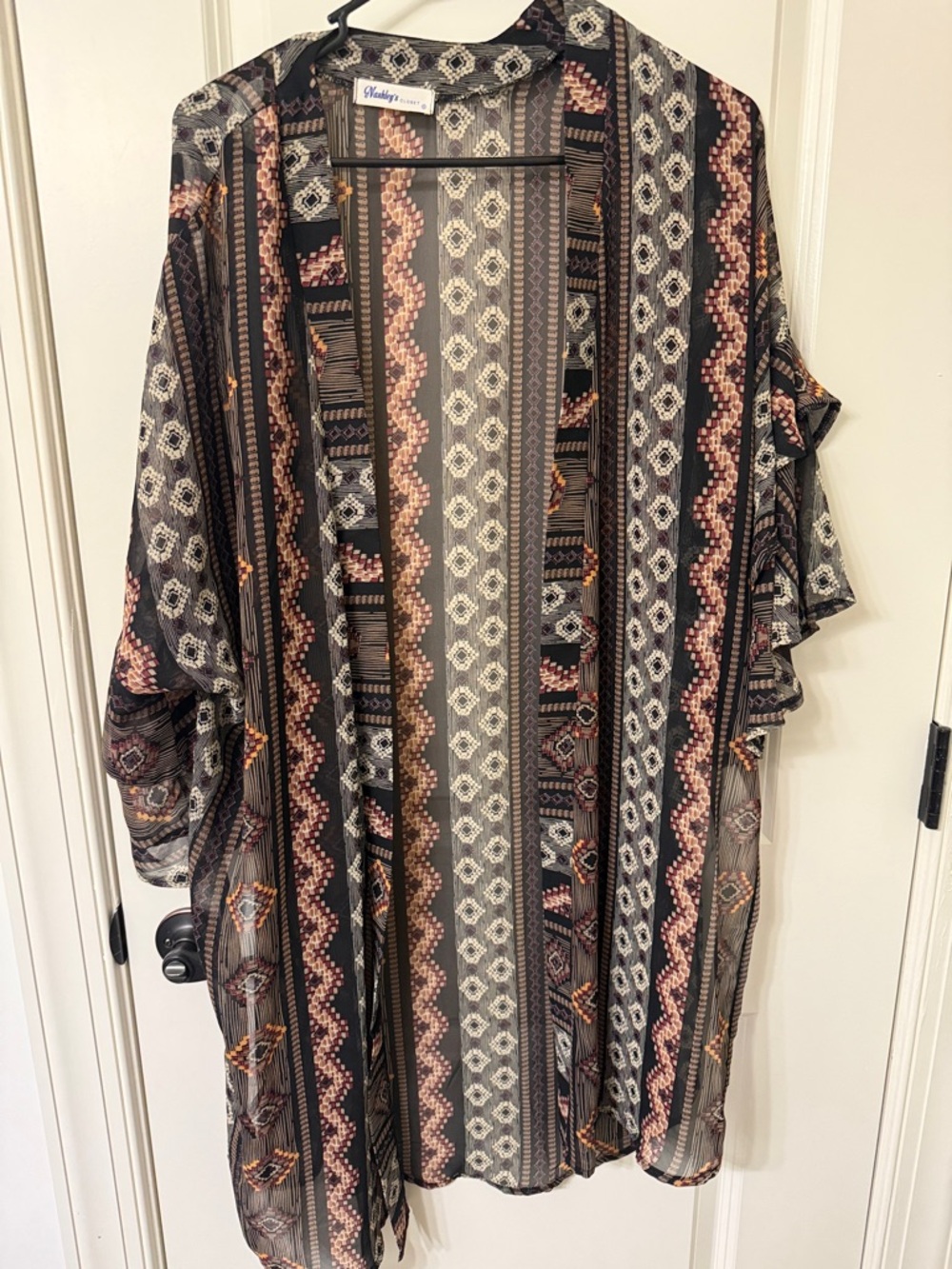Boho Patterned Lightweight Kimono - Black & Taupe with Rust Accents